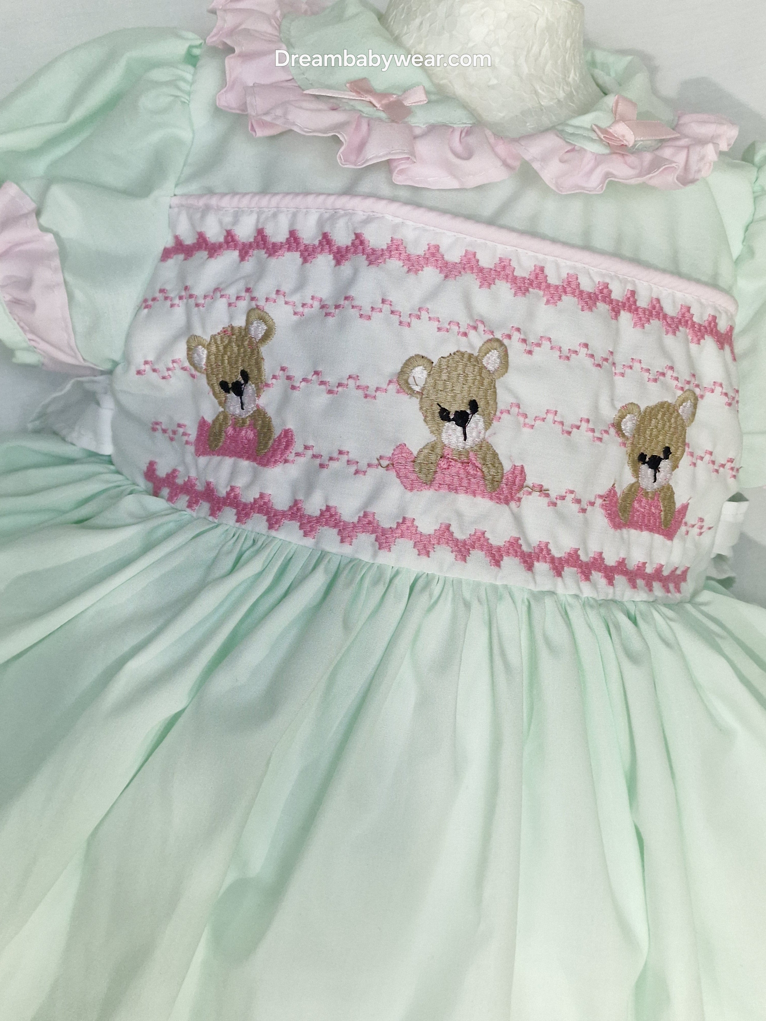 Nova mint pink faux smocked teddy embroidered panel  lined dress