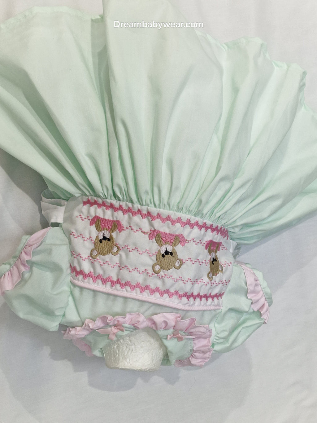 Nova mint pink faux smocked teddy embroidered panel  lined dress