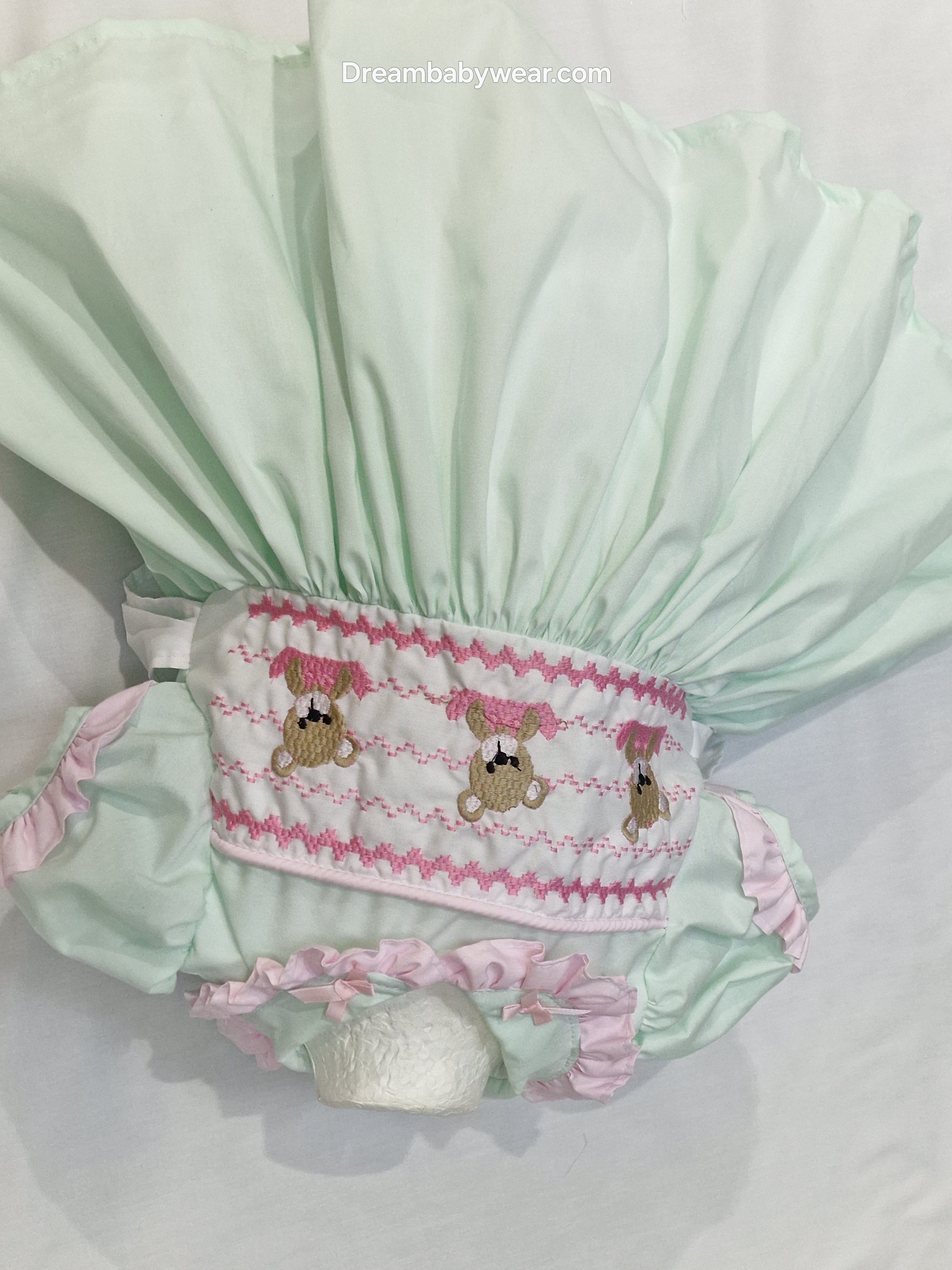 Nova mint pink faux smocked teddy embroidered panel  lined dress