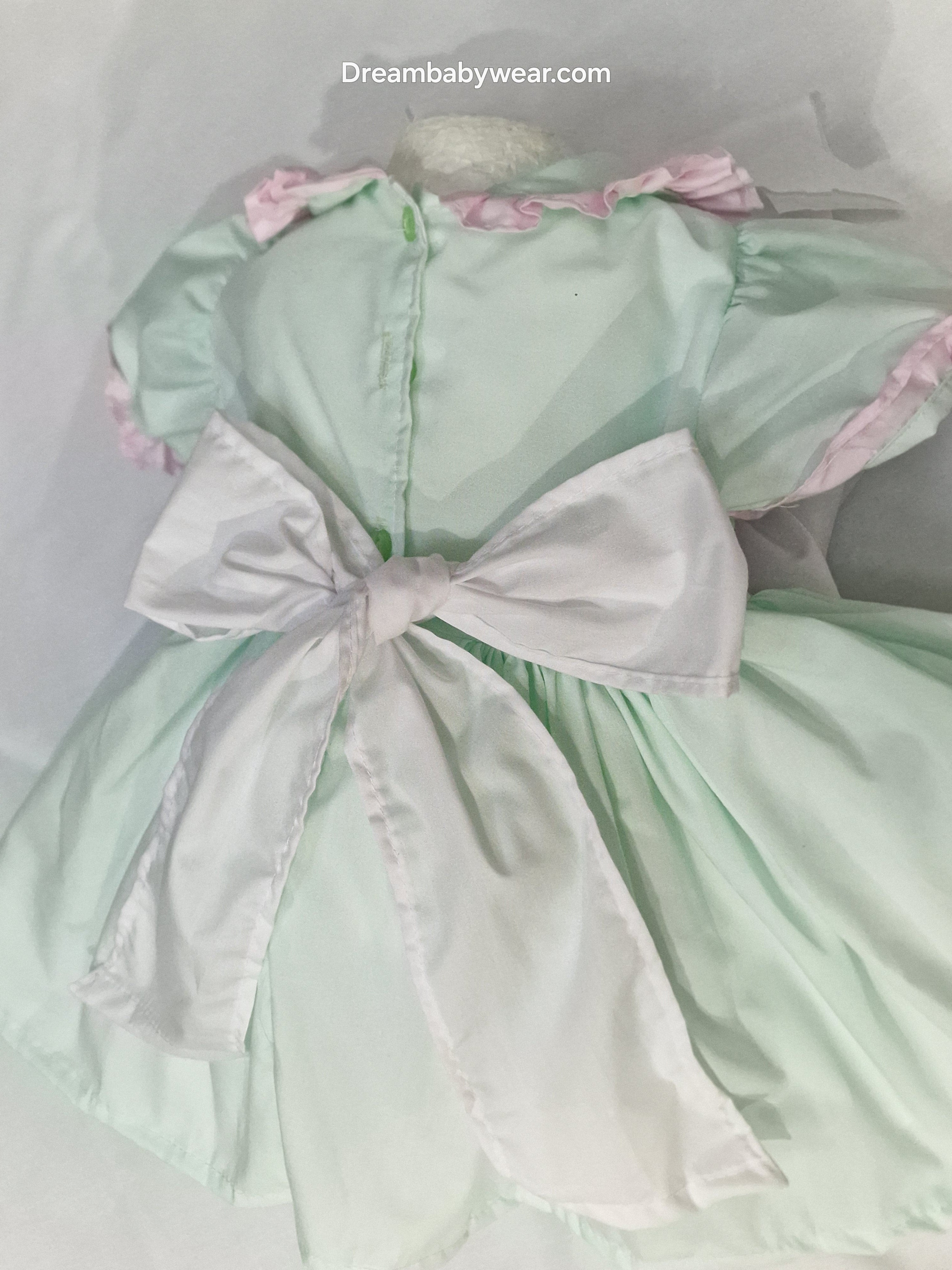 Nova mint pink faux smocked teddy embroidered panel  lined dress