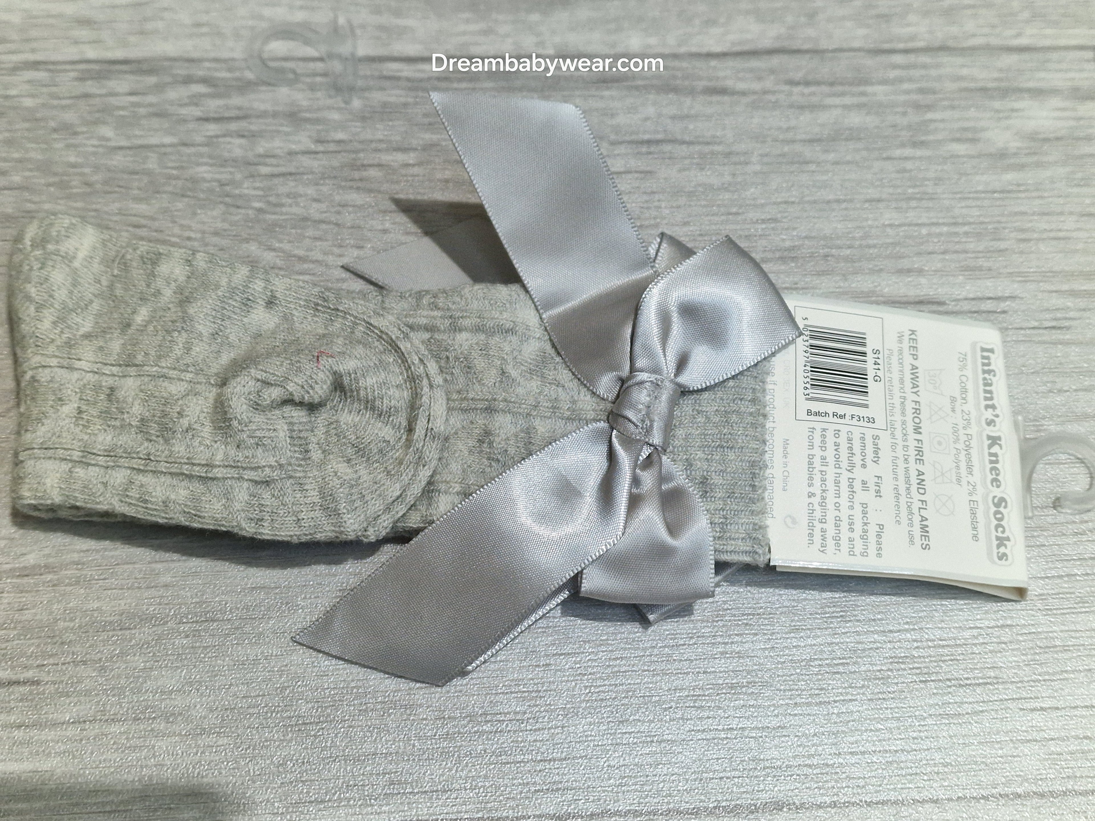0-6 6-12 months silver grey knee high bow socks