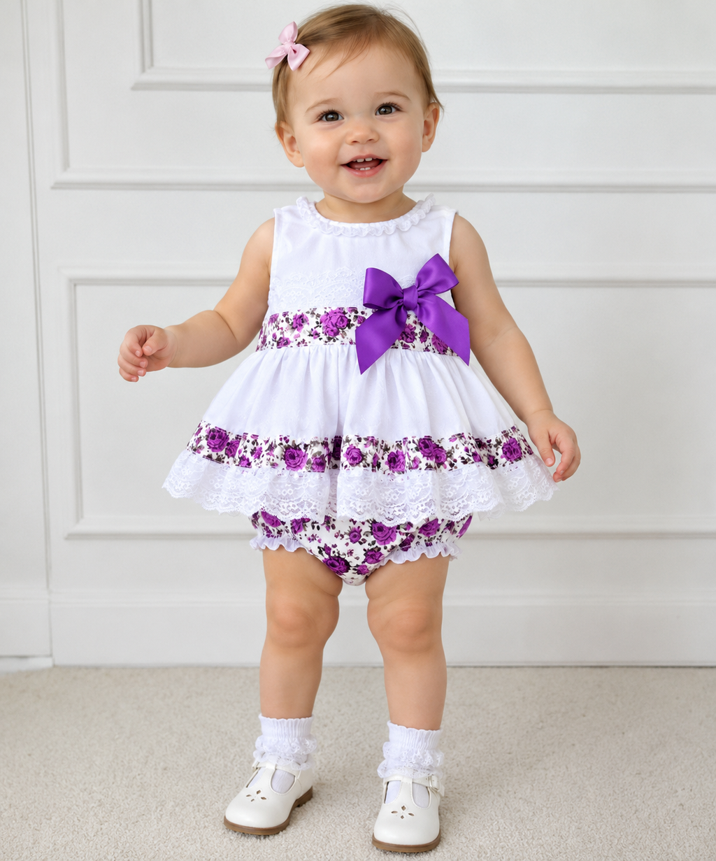 SALE  0-4 years baby girls ivory purple roses summer top and knickers set