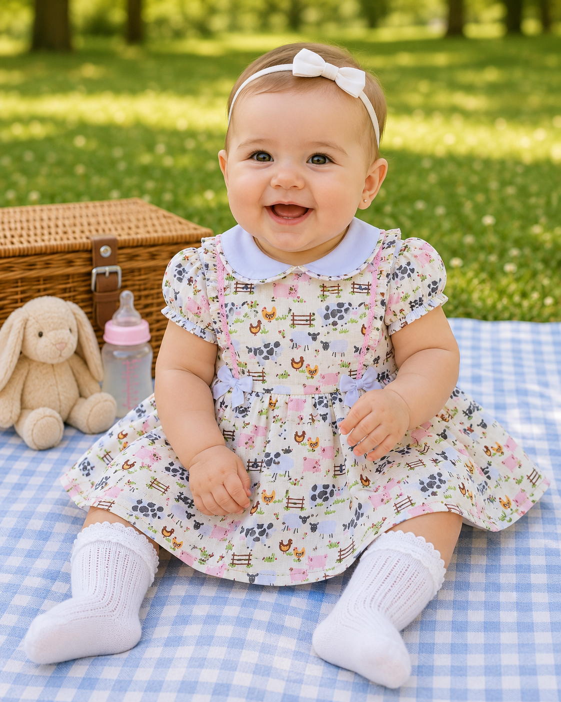 Farmyard girls buttermilk white pink lined dress 0-10 years