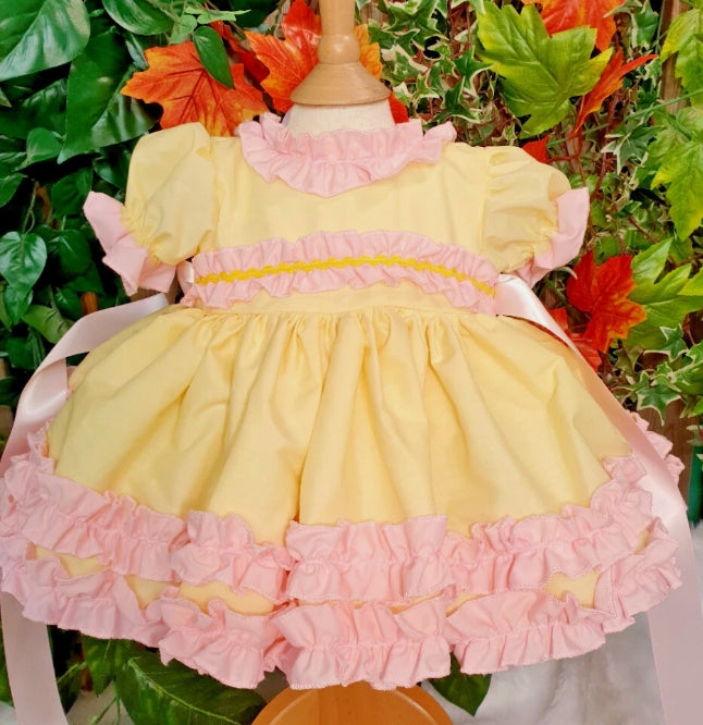 Mia 0-10 years BABY GIRLS Easter lemon and pink ruffles twirly lined dress