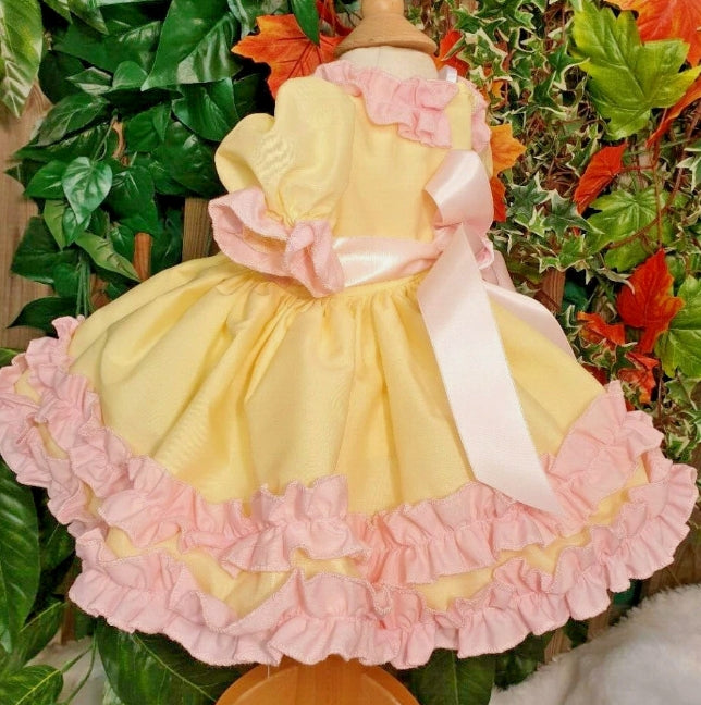 Mia 0-10 years BABY GIRLS Easter lemon and pink ruffles twirly lined dress
