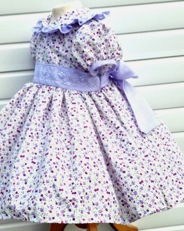 LUCY Lilac floral collared lined traditional Romany dress 0-10 years