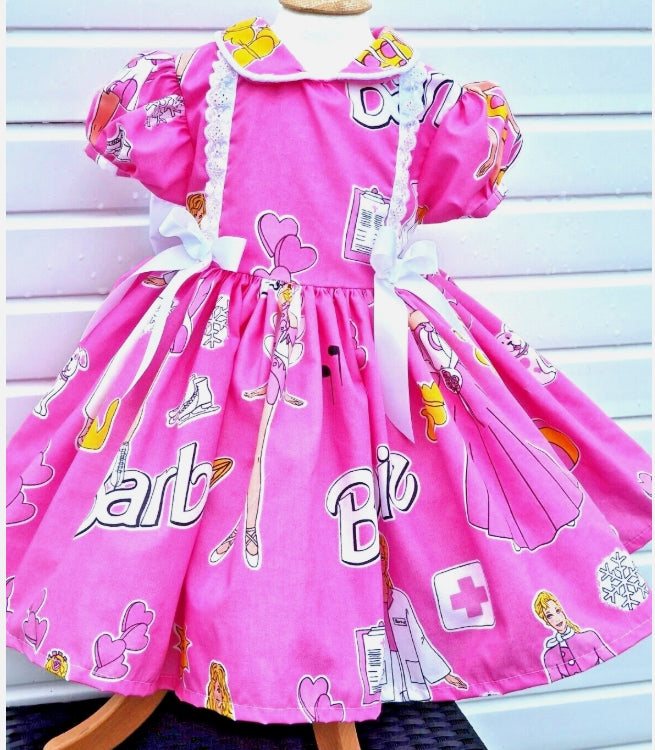 Barbie neon pink twirly lined dress bow tie belt 0-8 years
