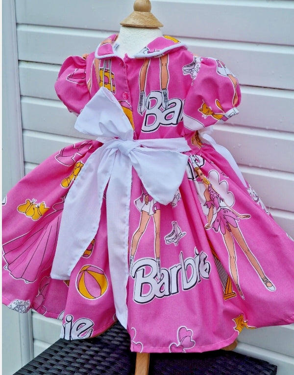Barbie neon pink twirly lined dress bow tie belt 0-8 years