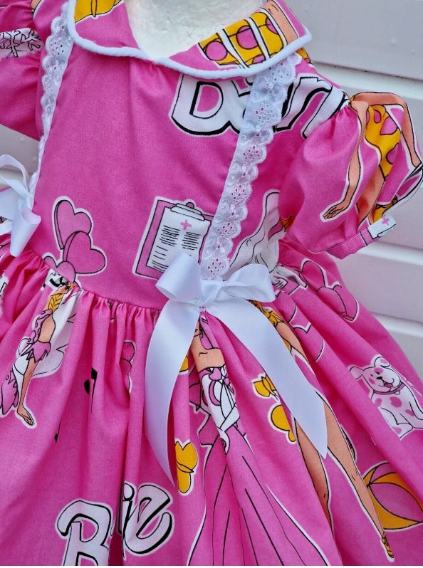 Barbie neon pink twirly lined dress bow tie belt 0-8 years