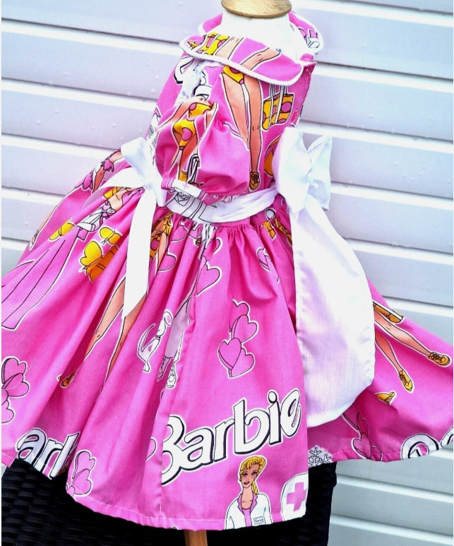 Barbie neon pink twirly lined dress bow tie belt 0-8 years