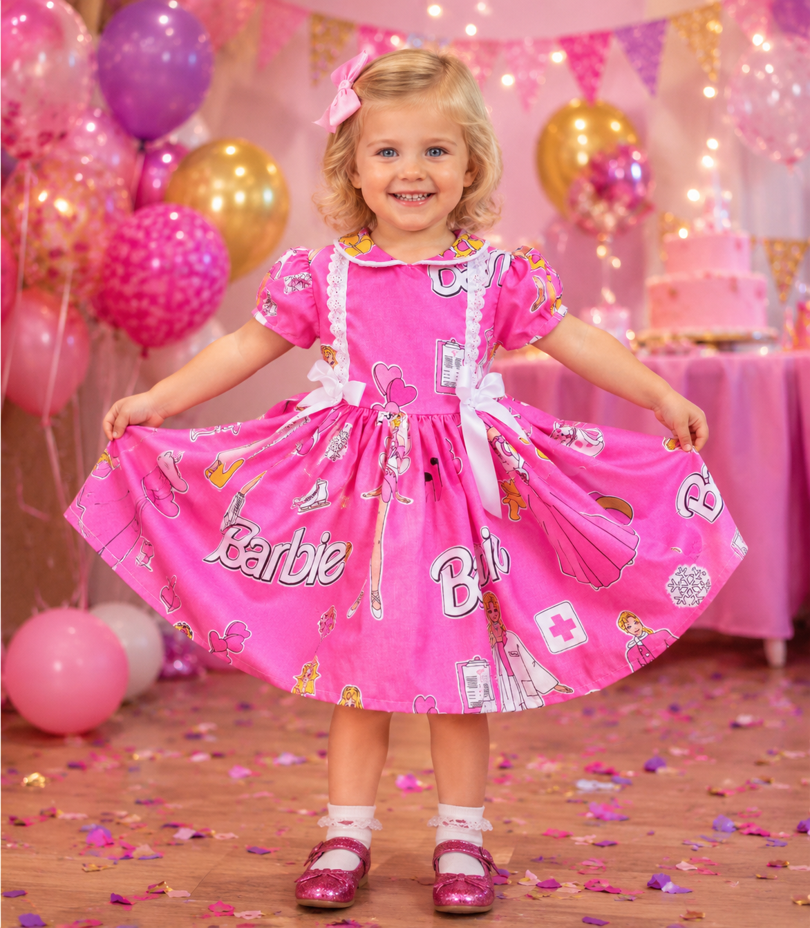 Barbie neon pink twirly lined dress bow tie belt 0-8 years