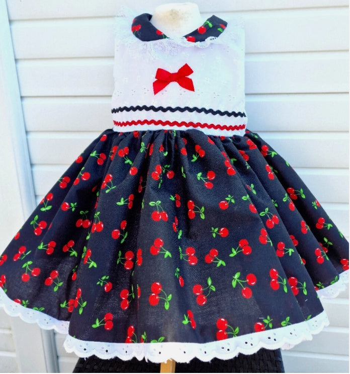 SALE 6 months to 6 years baby girls black red cherries lined sleeveless dress