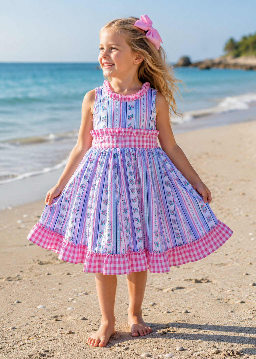 Nova blue  pink floral gingham  twirly lined dress  0-8 years