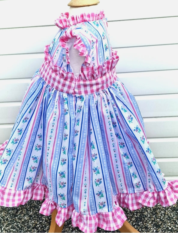 Nova blue  pink floral gingham  twirly lined dress  0-8 years