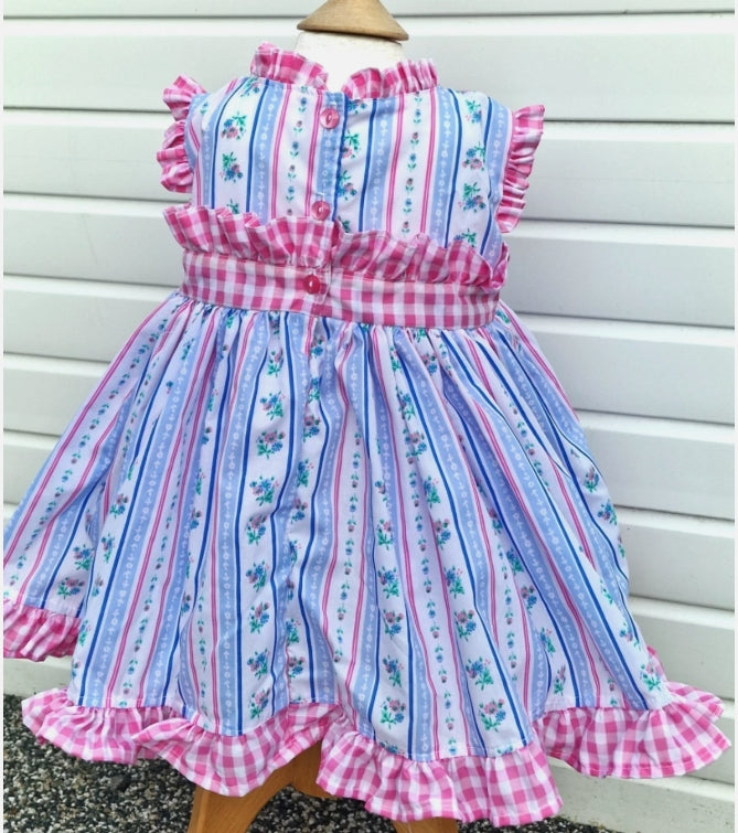Nova blue  pink floral gingham  twirly lined dress  0-8 years