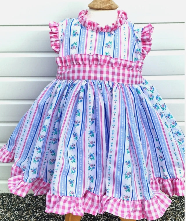 Nova blue  pink floral gingham  twirly lined dress  0-8 years