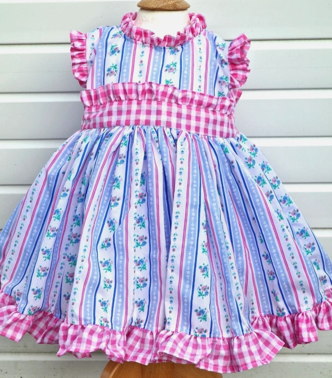 Nova blue  pink floral gingham  twirly lined dress  0-8 years