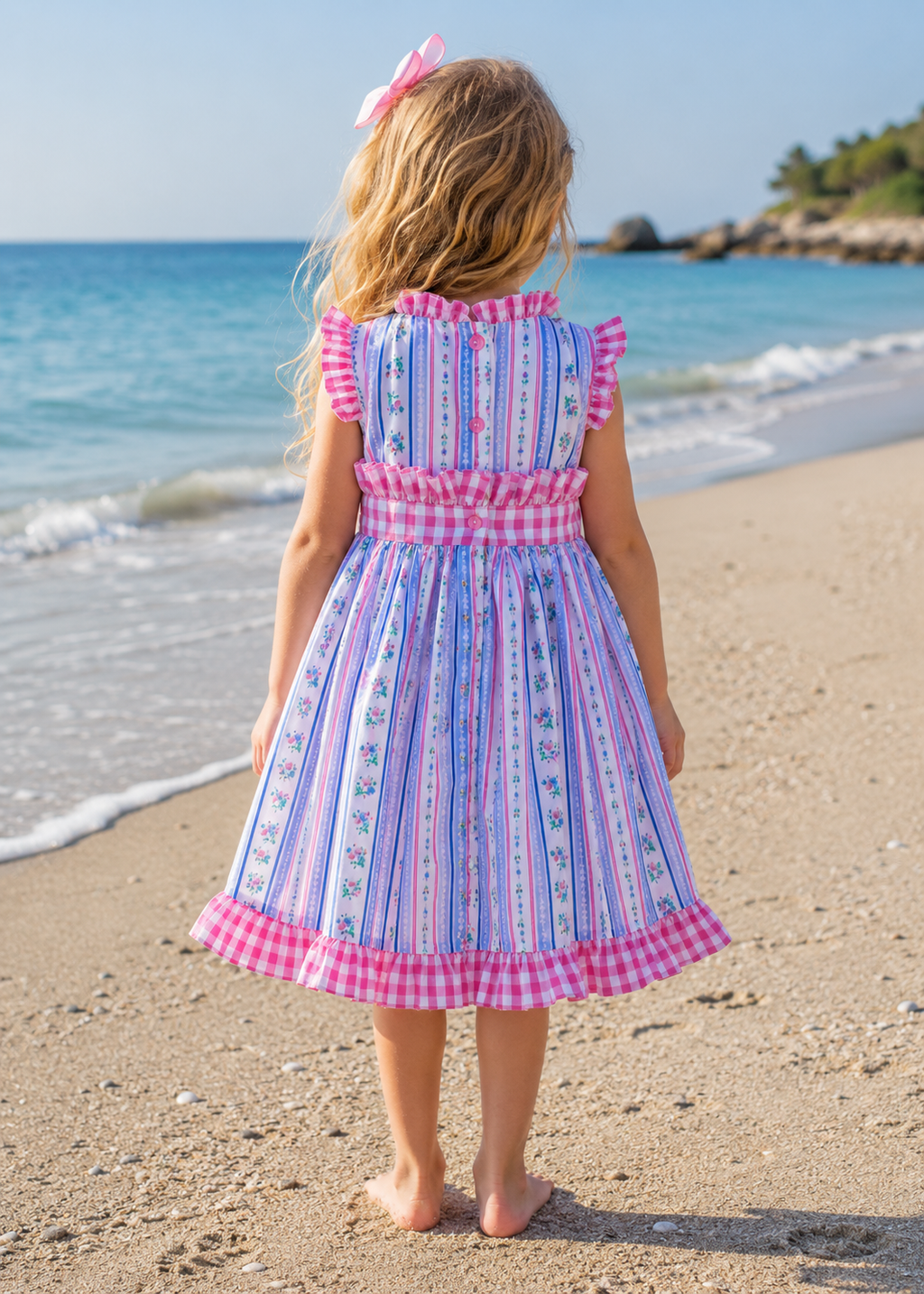 Nova blue  pink floral gingham  twirly lined dress  0-8 years