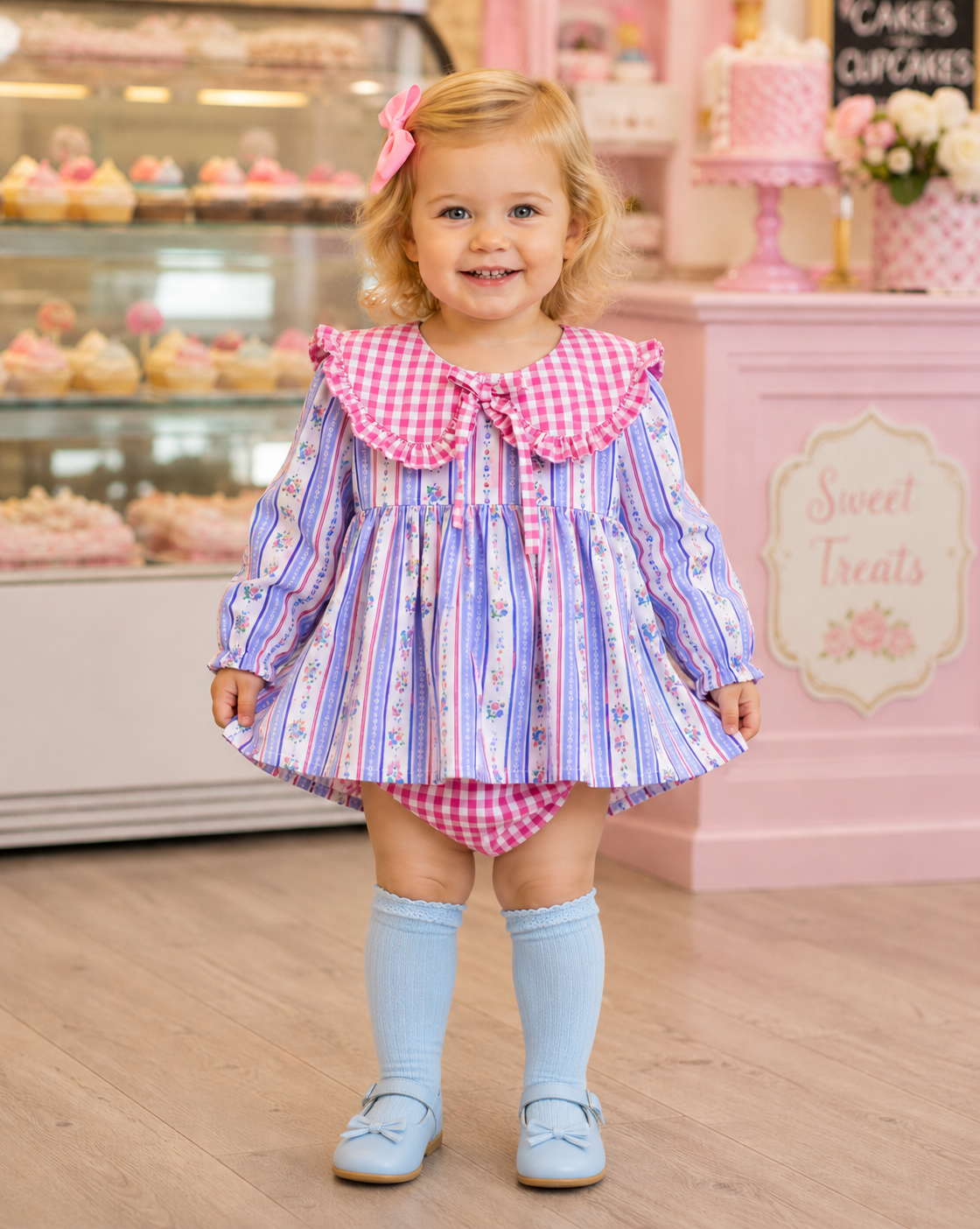 Nova  girls Romany Floral & gingham clash  long top &  knickers  2 piece set