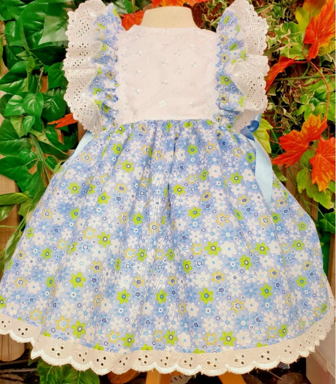 SALE Newborn 0-3  baby girls WHITE BLUE FLORALVINTAGE summer Spanish LINED DRESS