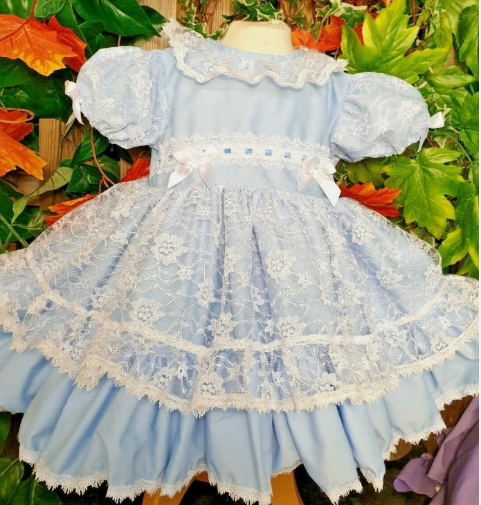 Marnie-Lou lemon pink or blue lacy puffball girls dress 0-8 years