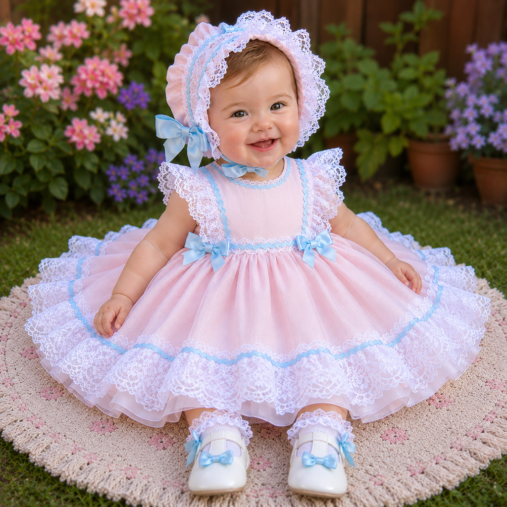 DREAM 0-6 YEARS PINK WHITE SKY  NETTED  DRESS BONNET SOCKS SEt