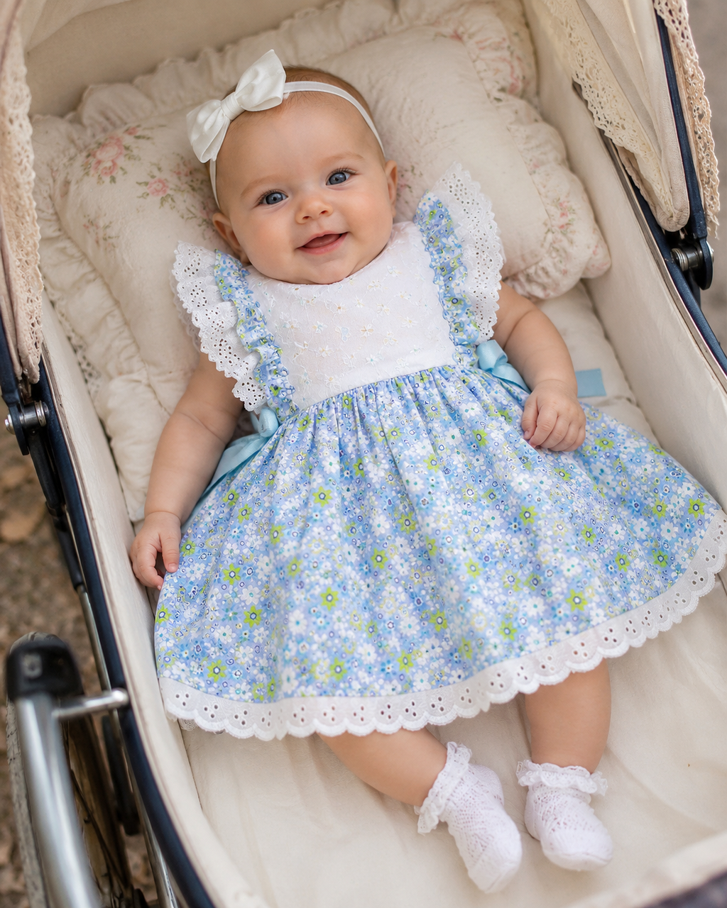 SALE Newborn 0-3  baby girls WHITE BLUE FLORALVINTAGE summer Spanish LINED DRESS