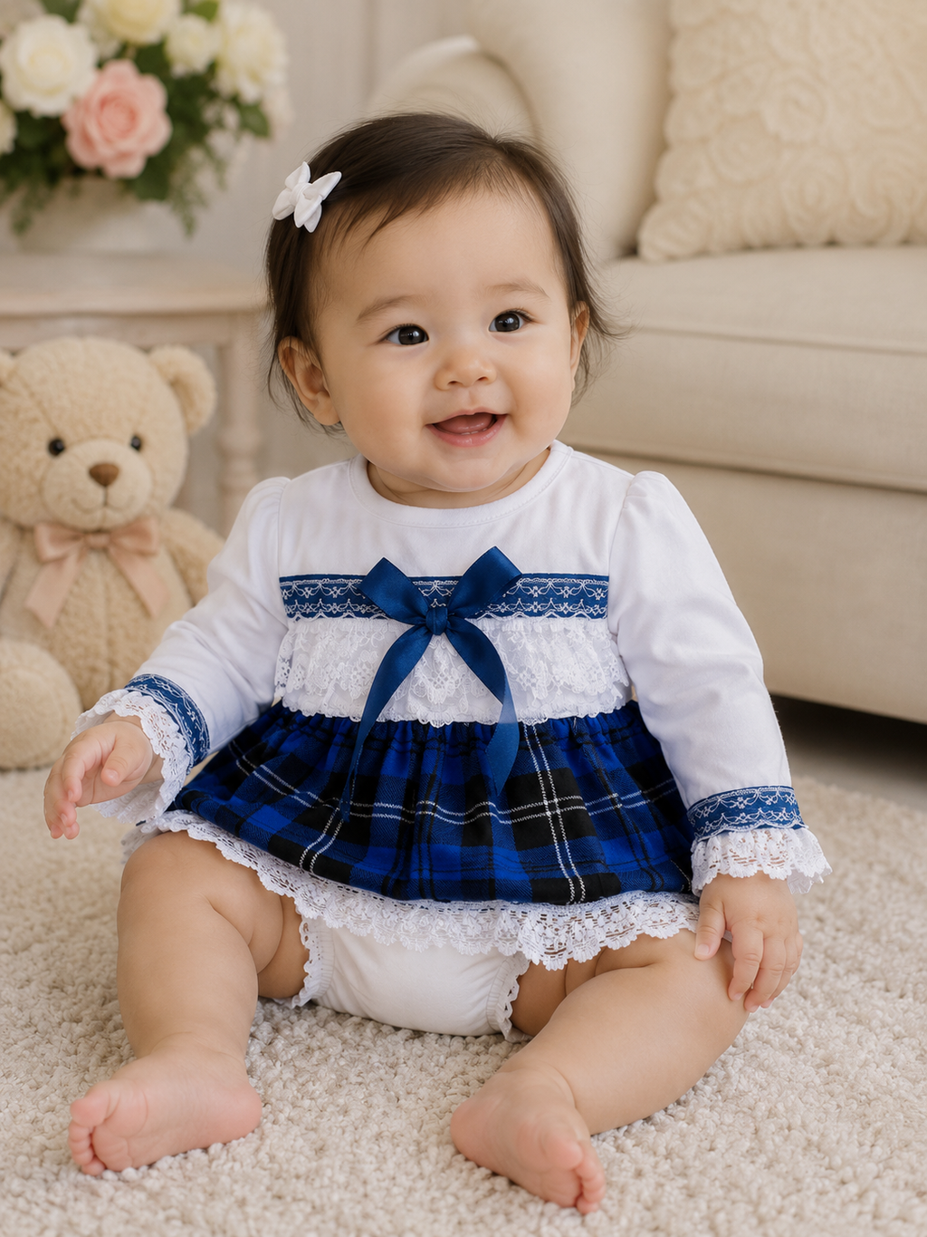 SALE 3-4 years girls white blue tartan top and knickers set
