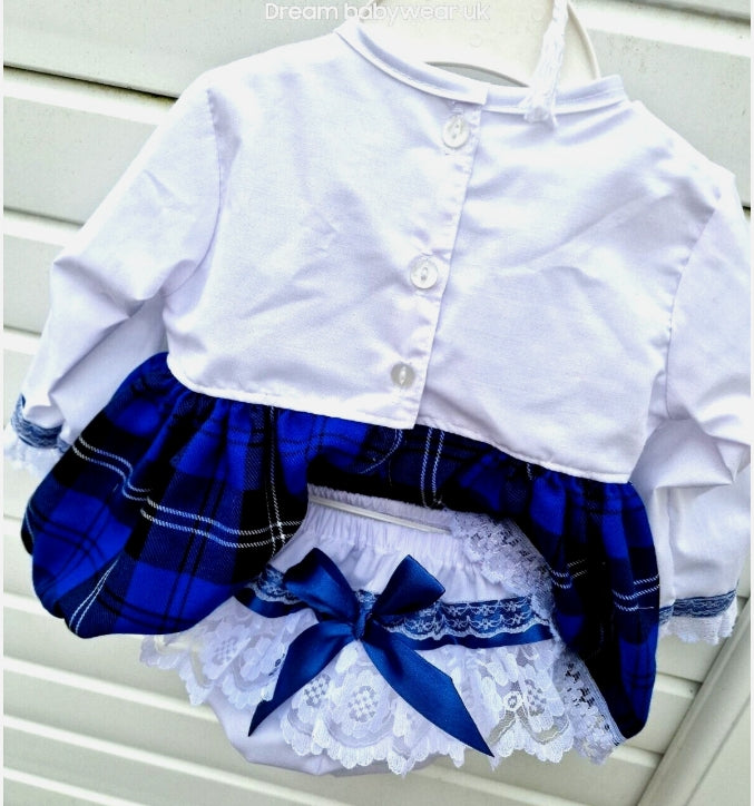 SALE 3-4 years girls white blue tartan top and knickers set
