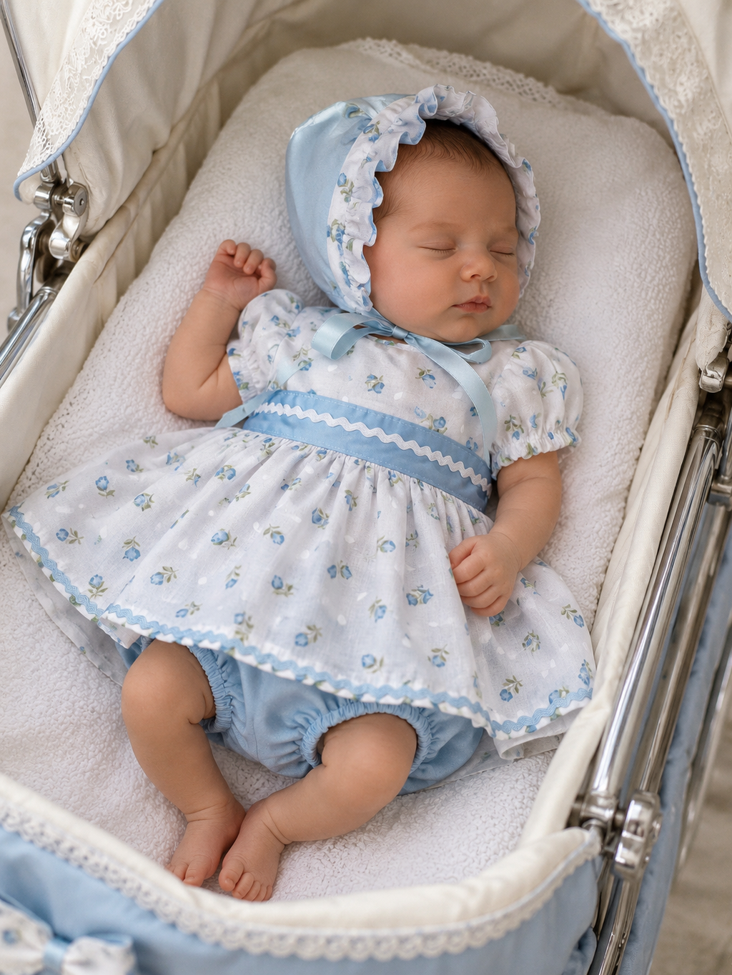 Dream New born blue tulip dress knickers and bonnet set