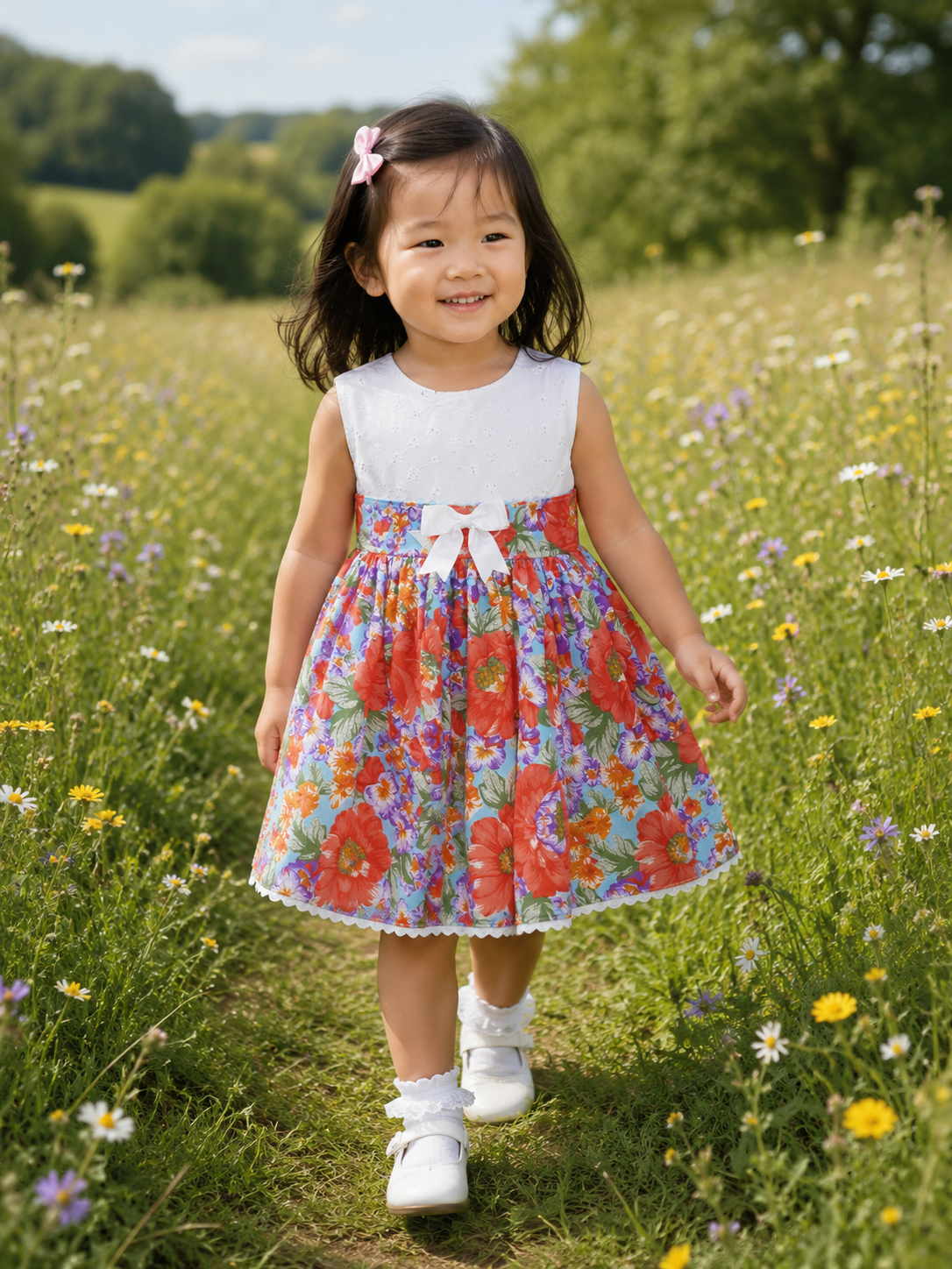 SALE 3-4 years traditional sleeveless broderie multi floral vintage print dress