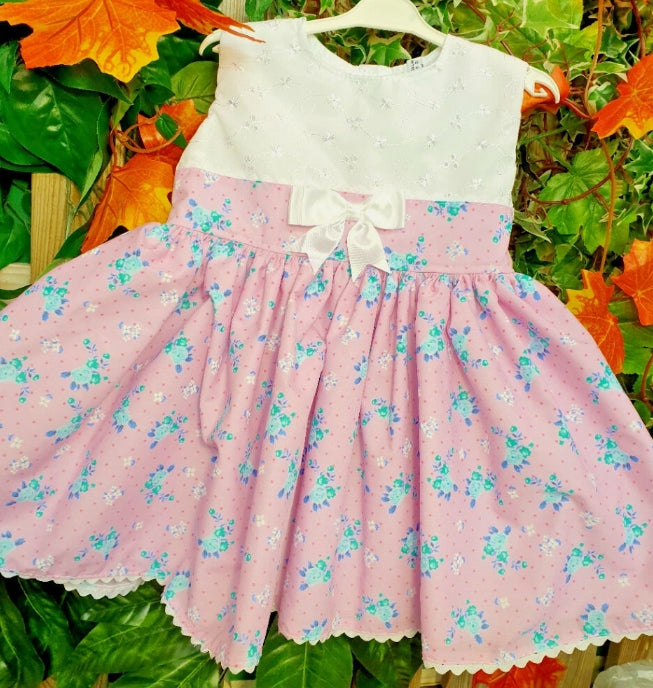 SALE 3-4 years traditional sleeveless broderie pink aqua roses dress