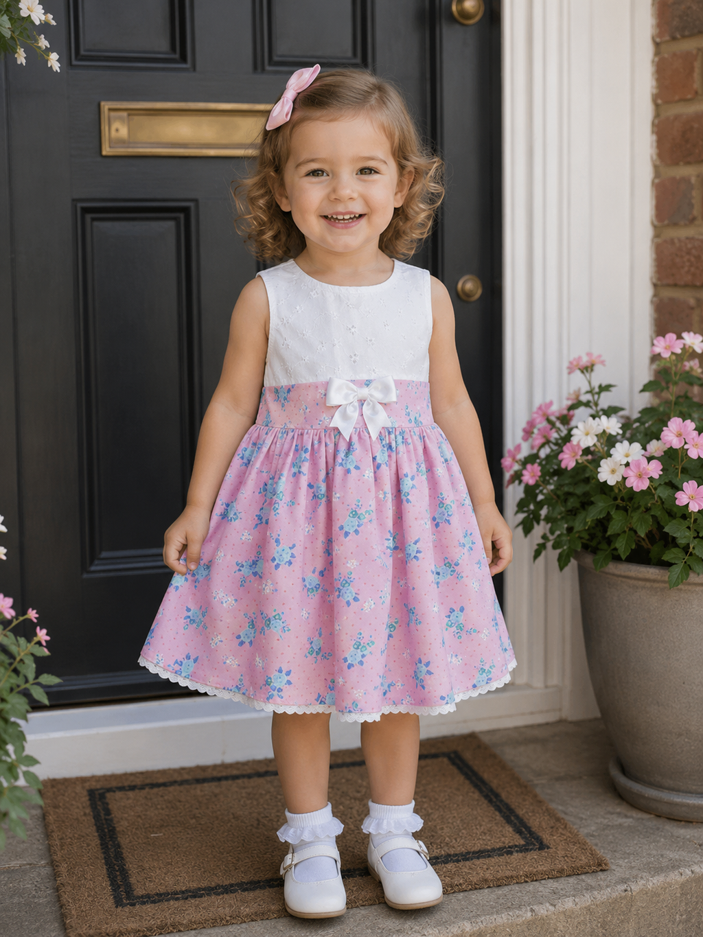 SALE 3-4 years traditional sleeveless broderie pink aqua roses dress