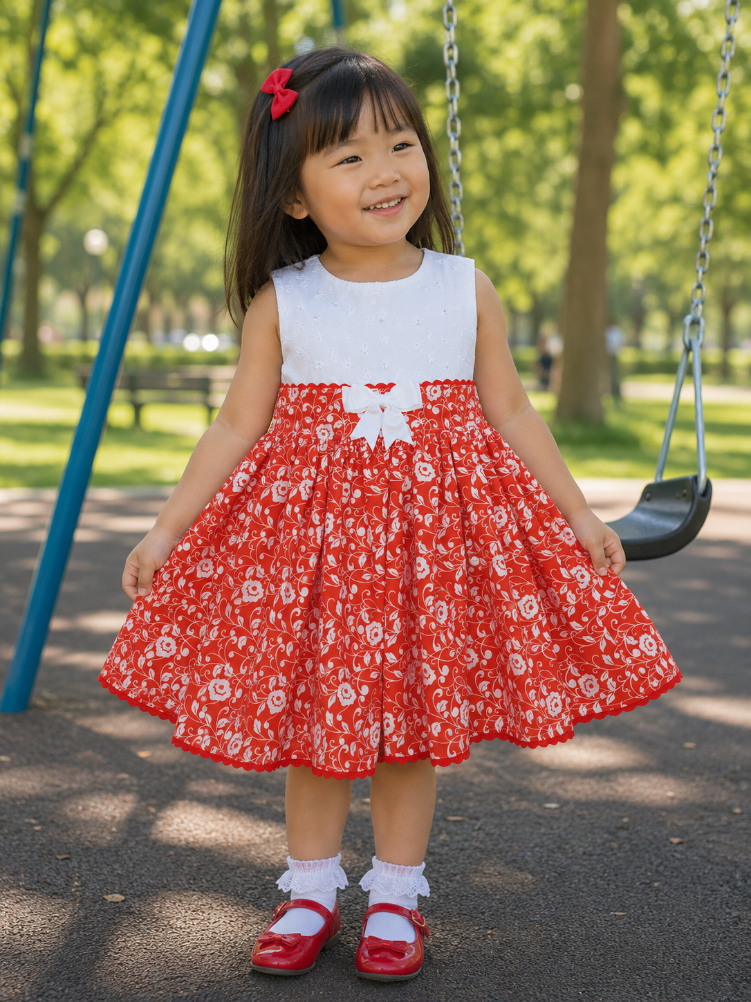 SALE 3-4 years traditional sleeveless broderie red white vintage print dress