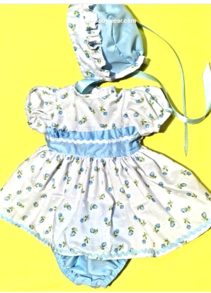 Dream New born blue tulip dress knickers and bonnet set