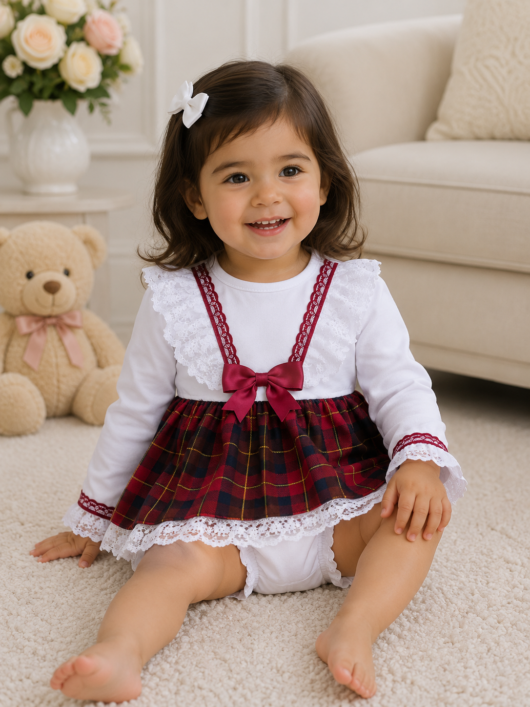 SALE 0-3 months  girls white burgundy  tartan top and knickers set
