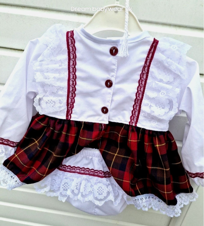 SALE 0-3 months  girls white burgundy  tartan top and knickers set