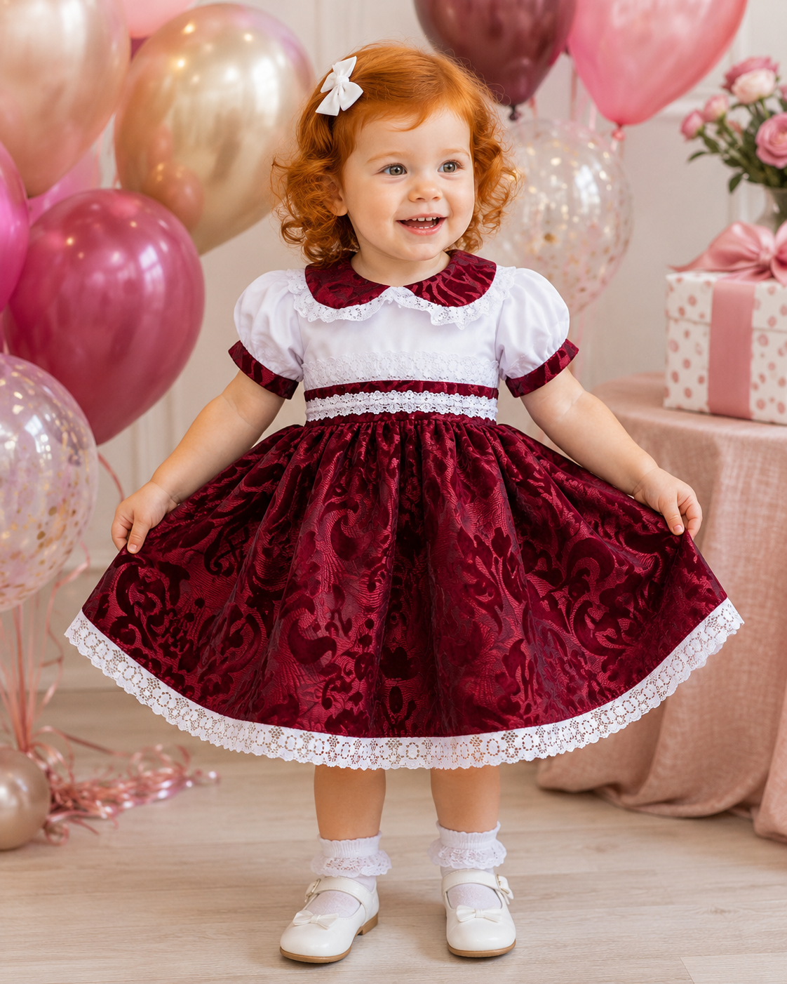 SALE 2-3 years white with burgundy velvet lined dress