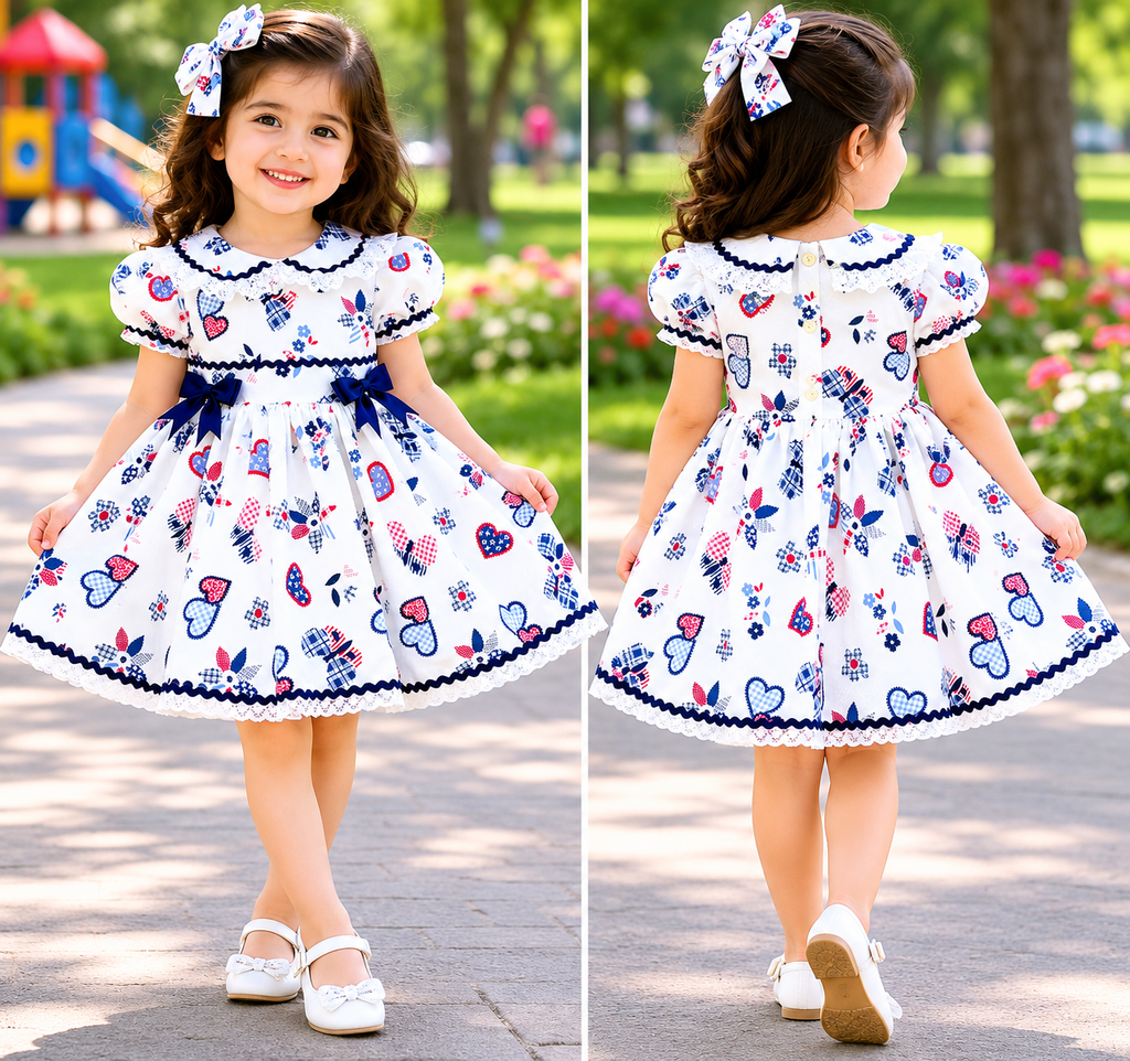 DREAM 0-8 years BABY GIRLS cream navy red hearts traditional Romany twirly dress