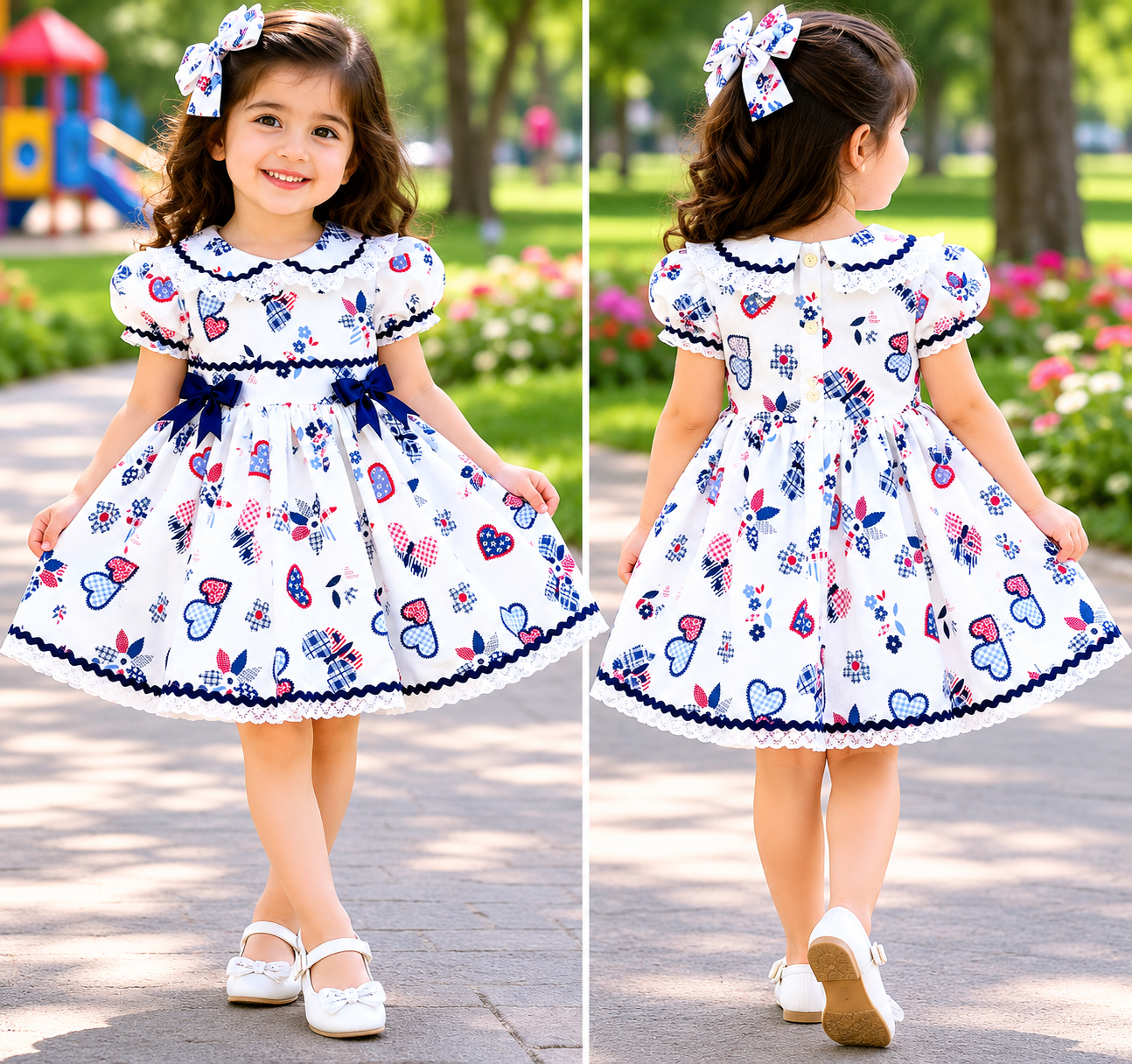 DREAM 0-8 years BABY GIRLS cream navy red hearts traditional Romany twirly dress