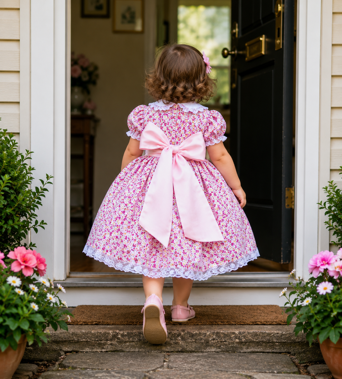 pink ditsy floral  roses frilled  collar lined dress 0-10 years