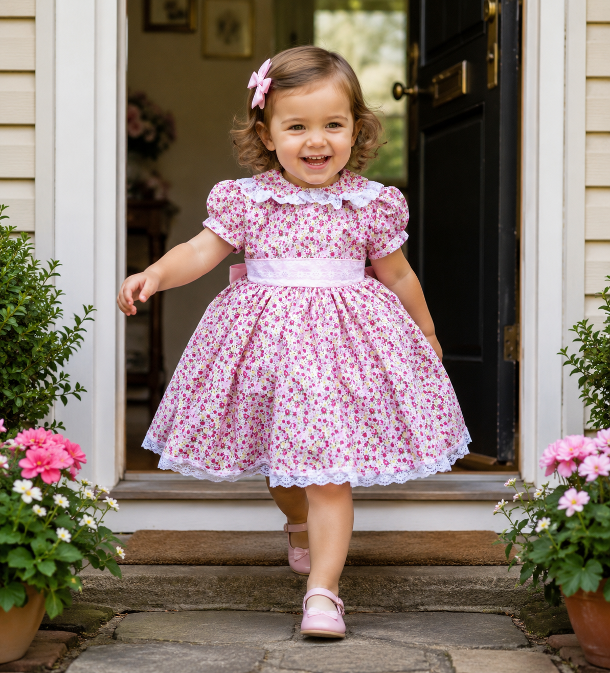 pink ditsy floral  roses frilled  collar lined dress 0-10 years
