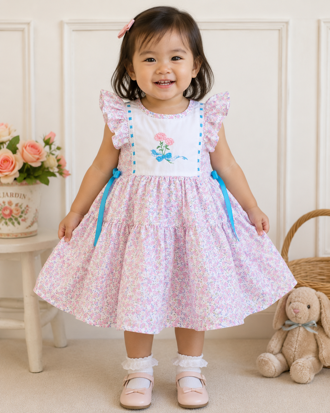 SALE 12-18 2-3 3-4 BABY GIRL pink blue floral lined puffball embroidered dress