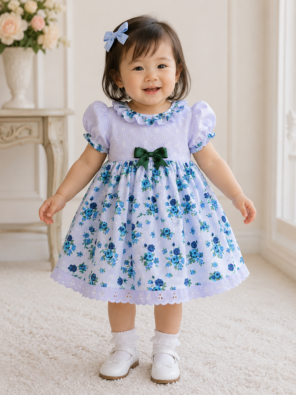SALE 2-3 years traditional  broderie emerald roses  vintage print dress
