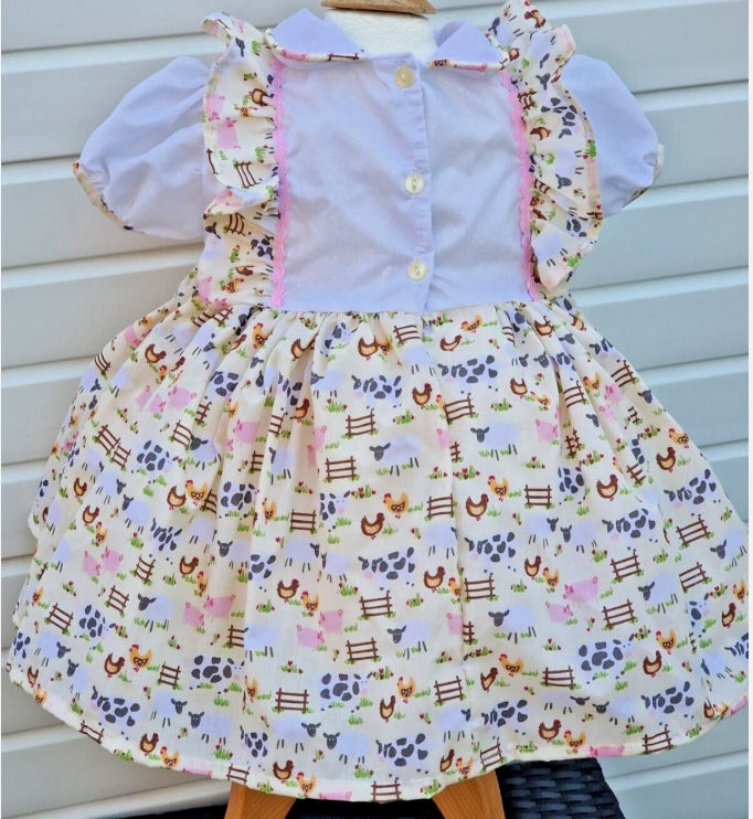 Farmyard girls buttermilk white pink lined dress 0-10 years
