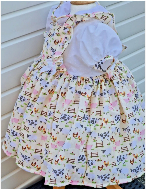 Farmyard girls buttermilk white pink lined dress 0-10 years