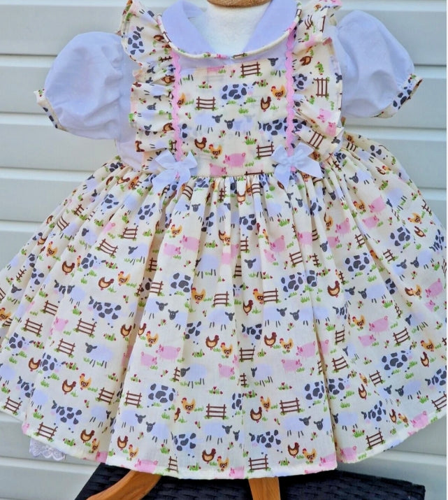 Farmyard girls buttermilk white pink lined dress 0-10 years