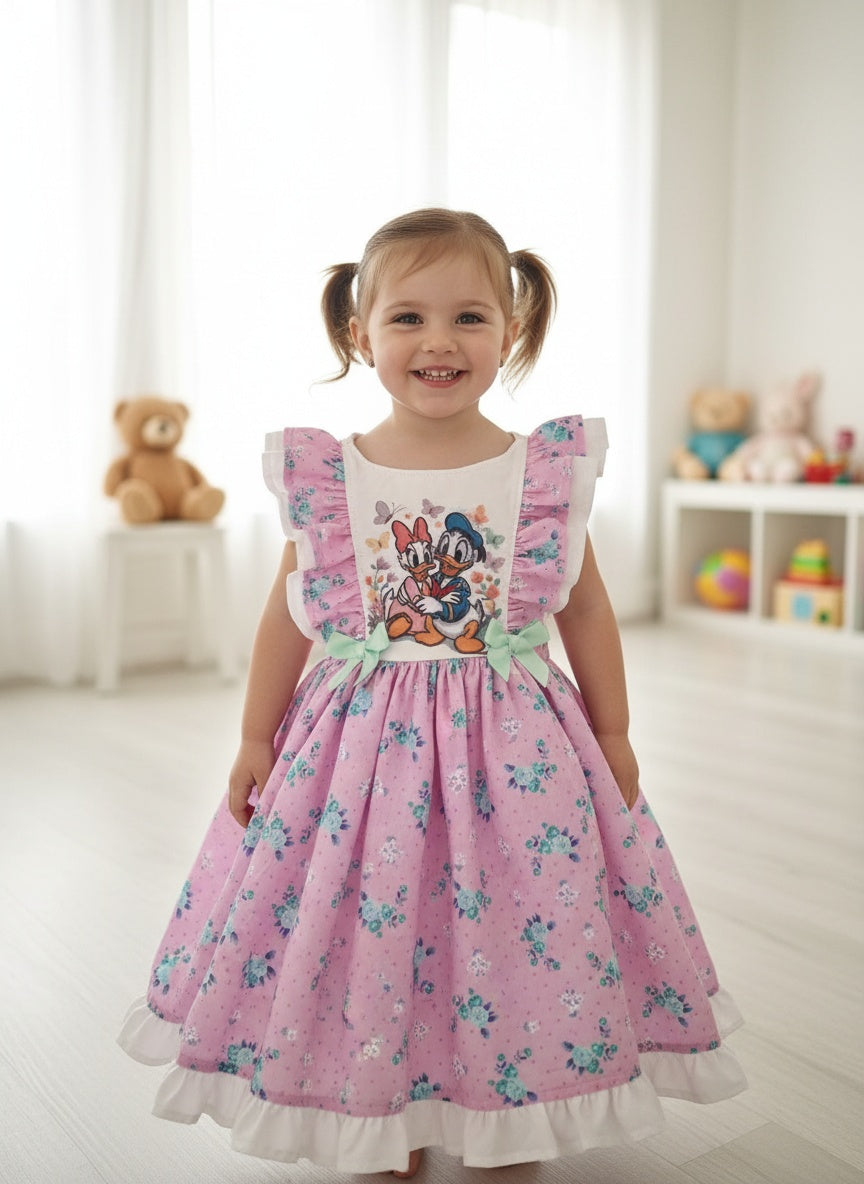 daisy Donald duck floral lined dress 12-18 2-3 3-4