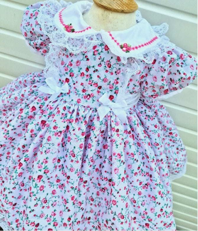 Autumn fuchsia pink roses embroidered collar lined dress 0-10 years