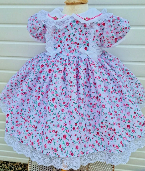 Autumn fuchsia pink roses embroidered collar lined dress 0-10 years
